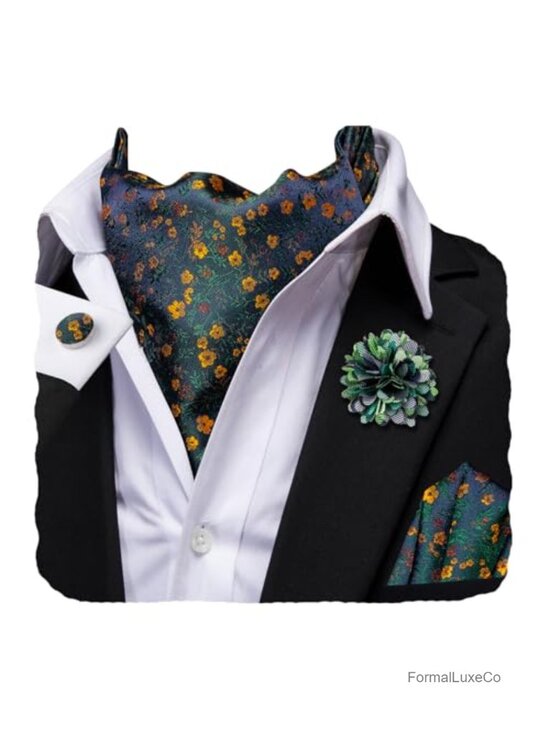 Other - Silk Ascot Tie Set with Pocket Square Cufflinks & Lapel Pin